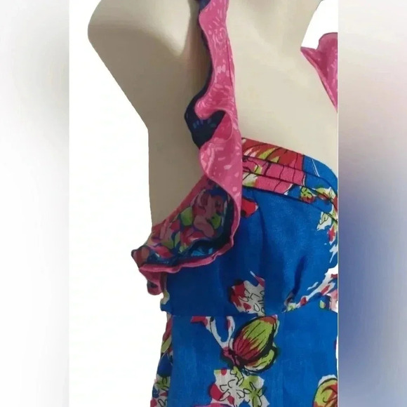 Nanette Lepore Blue Floral Butterfly Silk & Linen Halter Cocktail Dress Size 4 - Picture 5 of 8